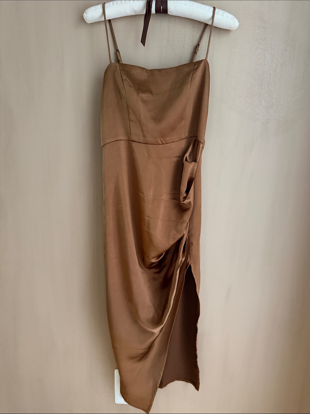 Princess Polly Brown Satin Strapless Slip Dress with Side Drape